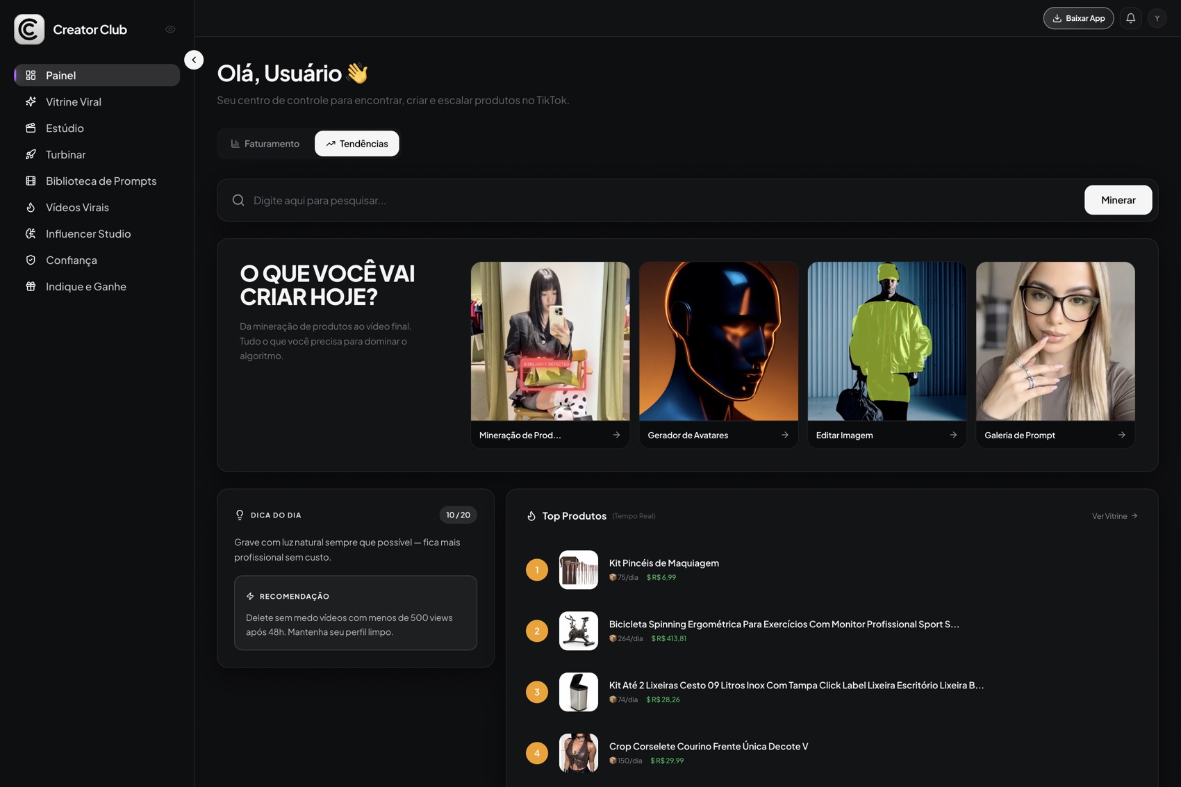 O Creator Club por dentro: Painel, Vitrine Viral, Estúdio, Turbinar, Biblioteca de Prompts, Vídeos Virais e Influencer Studio